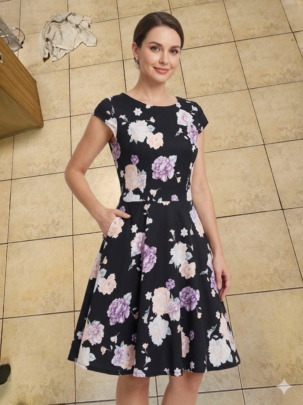 Source Unknown Black Midi Dress with Pastel Floral Print